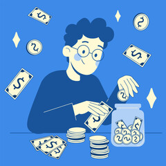 Man adds money to savings jar in a fun vector illustration about saving money