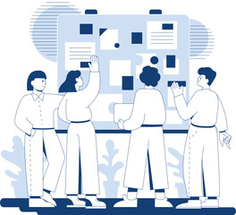 Team members collaborate around a large board filled with sticky notes during a planning session