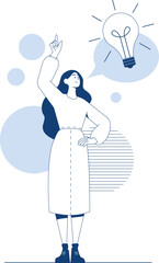 Woman holding giant lightbulb over her head while having an idea in a vector illustration scene