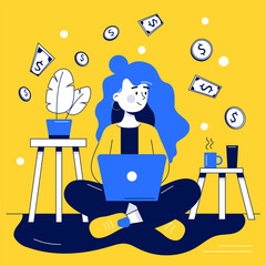 Woman tracks expenses on laptop with money and plants around in a simple home setting