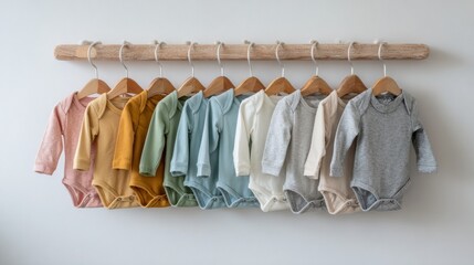 Collection of colorful long-sleeved baby bodysuits hanging on a minimalist wooden rack
