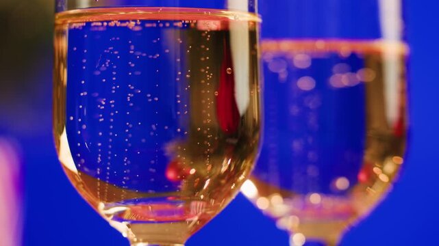 New year christmas background, Glasses filled with sparkling champagne, tree presents gifts boxes and snow, red close up mock up. 