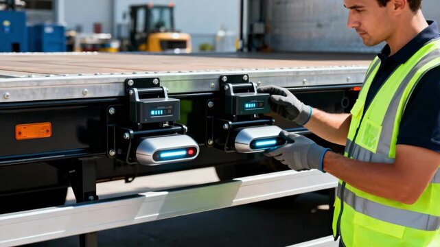 Medium shot of a technician inspecting smart loadlocking mechanisms on a flatbed trailer emphasizing innovative cargo safety solutions.