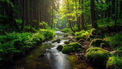 Sunlit forest stream flowing among verdant mossy rocks, through dense trees, creating a tranquil, lush scene