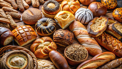 Assorted Freshly Baked Breads and Buns on a Wooden Table in a Bakery assorted breads