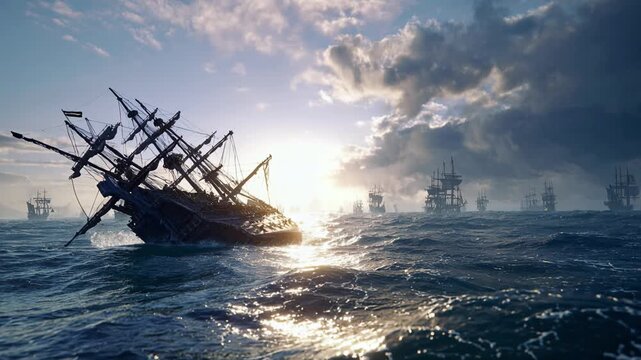 Sinking war ship after naval battle. Damaged war ship slowly sinks into stormy sea after brutal naval battle. War, defeat, destruction, history battle, loss, sea sink concept