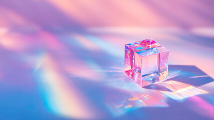 Abstract modern design featuring clear glass cube with rainbow reflection