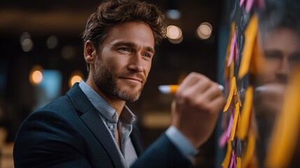 Business coach or entrepreneur writing ideas on sticky notes during a lecture or workshop, creative thinking, strategic planning, coaching, training and modern business education concept