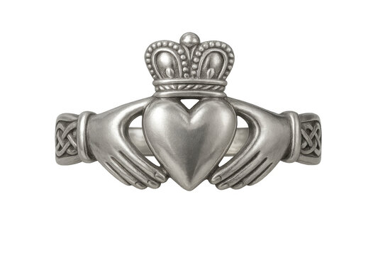 Silver claddagh ring symbolizing love, loyalty, and friendship with heart, hands, and crown design on a transparent background