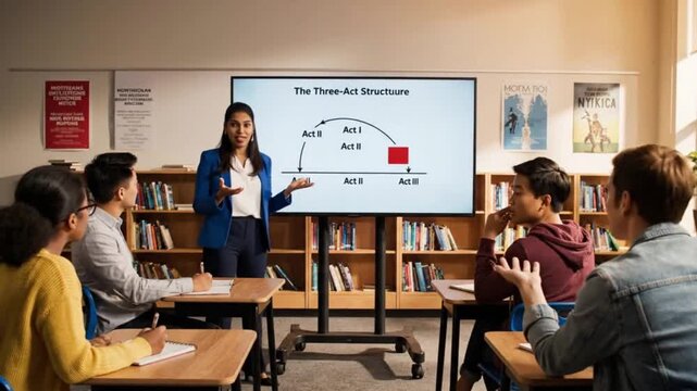 Teacher Explaining Three-Act Structure to Engaged Class in HDR Clarity