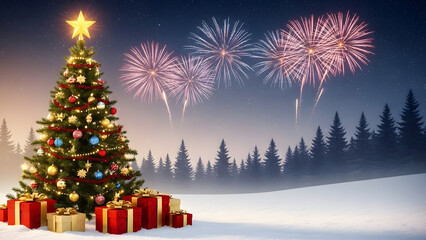 Obraz premium Christmas tree with gifts holiday decoration and presents