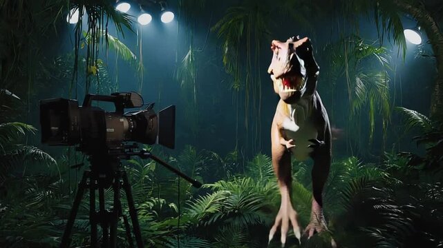 Dinosaurs on a movie set. Dinosaur movie.
