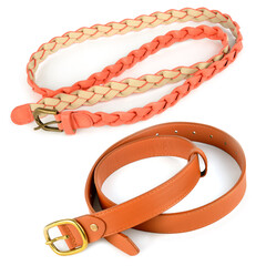 Two Stylish Leather Belts for Women on White Background