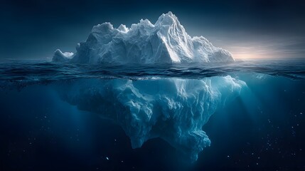 Fototapeta premium Majestic iceberg floats in deep blue ocean shown in split-level underwater photography revealing massive ice structure beneath the surface.