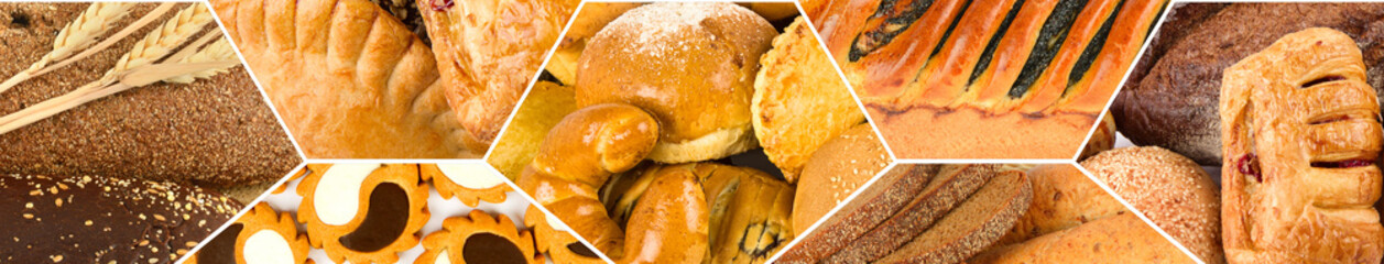Panoramic Bakery Product Collage with Bread and Pastries