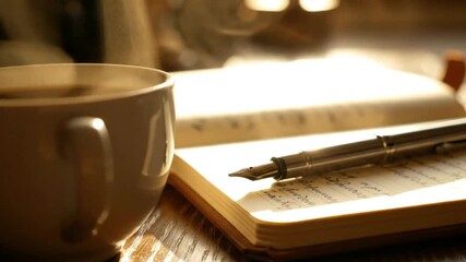 Morning Writing Ritual Macro Shot of Coffee Cup and Open Notebook