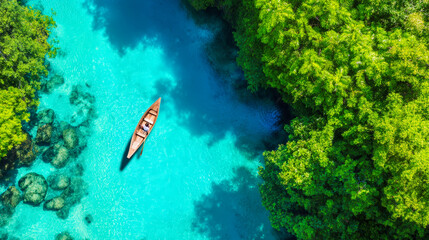 Aerial view of lone person paddling wooden boat on turquoise river