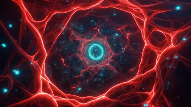 Abstract cellular network of glowing red fibers surrounding a blue nucleus in a microscopic scene.