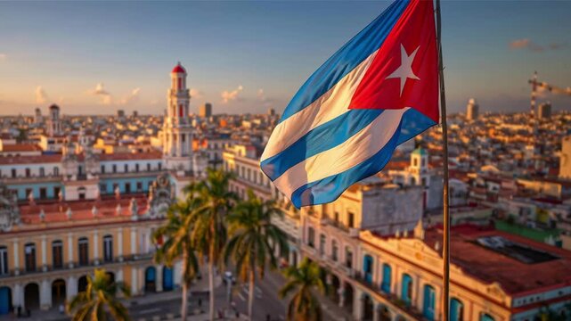 The Cuban flag flies high above palm trees in a vibrant city full of unique architecture. The scene captures a lively atmosphere under a clear blue sky.