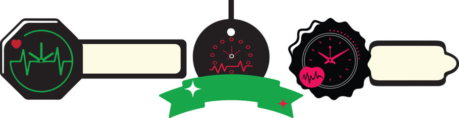 A small set of minimal interface-style clock symbol labels and a ribbon badge