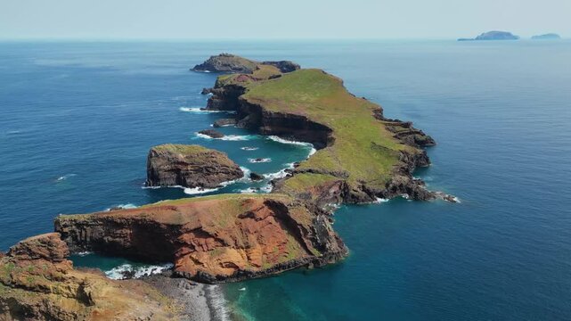 Aerial view of the stunning Ponta de Sao Lourenco, a dramatic peninsula on Madeira Island, Portugal, with rugged cliffs and the vast Atlantic Ocean.