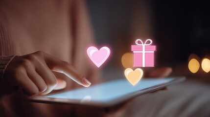 Woman hand touching tablet screen with floating heart and gift icons. Digital gifting, social media interaction, online reward program and emotional connection technology concept.