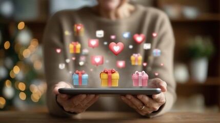 Senior elderly woman holding tablet with floating digital gift boxes and heart icons. Online gifting, social media interaction and family connection through modern technology concept.