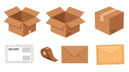 Essential Shipping and Packaging Items Collection Cardboard Boxes, Envelopes, Packing Tape, and Delivery Label Set