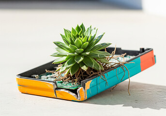 Succulent plant with roots growing out of a broken electronic device case on a plain surface.