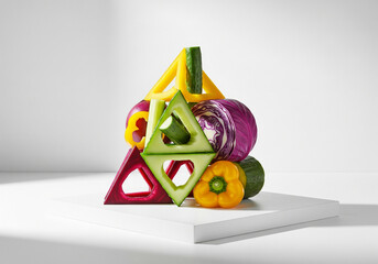 Abstract geometric sculpture made of sliced colorful vegetables including peppers, cucumbers, and red cabbage.