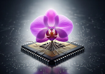 Purple orchid flower with roots growing out of a computer processor chip
