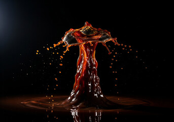 High-speed macro photography of a dynamic coffee splash shaped like a crown on a dark background.