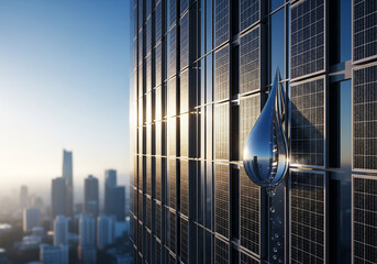 Large chrome water droplet reflecting the sun on a modern skyscraper with solar panels - with copy space.