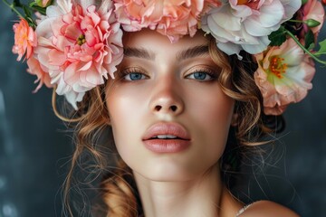 Naklejka premium Studio portrait of attractive young woman wearing flower crown with natural makeup