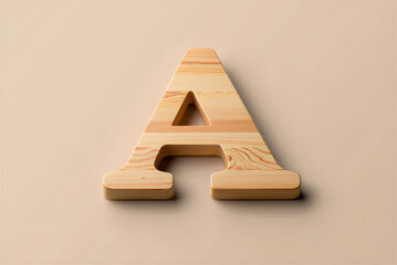 Wooden isometric design minimalist letter A crafted from pine wood against beige background