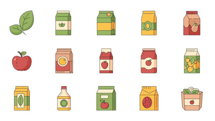 Assortment of cartoon food and drink packaging icons including juice boxes, jars, and cartons