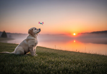 Golden retriever puppy looking at a colorful dragonfly by a misty lake at sunrise.