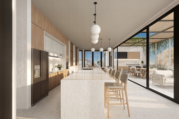Interior moderno y luminoso de estilo n&oacute;rdico: sala-comedor integrada, tonos neutros, madera clara, mobiliario minimalista y luz natural que genera un ambiente c&aacute;lido y funcional.
