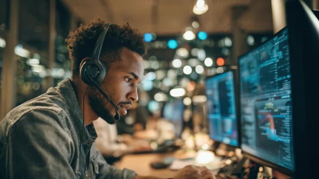 Medium shot of a technician implementing advanced encryption protocols on customer data in a busy call center environment.