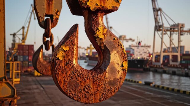 Rusty crane hook at port with cargo ship