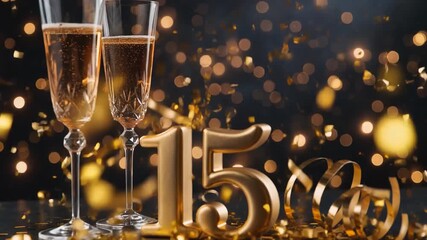 Champagne glasses and a golden fifteen-year anniversary number sparkle against festive lights, celebrating an elegant milestone with joy and luxury.