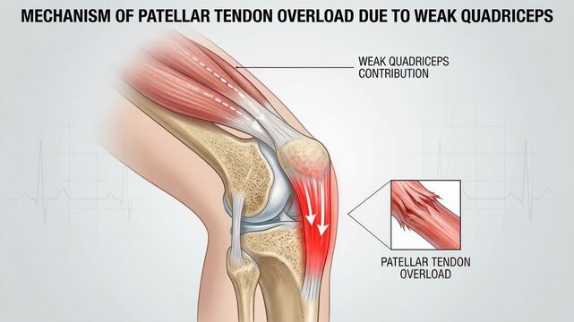 An illustrative medical visualization highlights the complex mechanics of patellar tendon overload, specifically examining its link to weak quadriceps muscles.