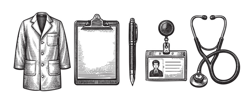 A vintage-style sketch depicts essential medical items including a lab coat, clipboard, pen, ID badge, and stethoscope on a white background, symbolizing healthcare professionals.