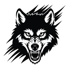 angry wolf head with open mouth and sharp teeth
