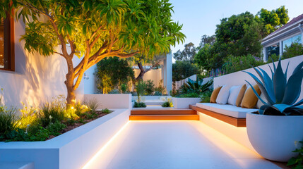 Modern outdoor space featuring gabion walls with integrated seating