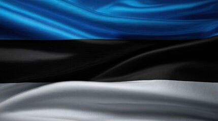 Obraz premium The Estonian flag with flowing satin fabric waves in blue, black, and white stripes against a deep black background, rendered in lifelike detail to express national pride and patriotism.