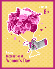 Postcard for International Women's Day halftone collage with a hand holding a bouquet of flowers. Vector illustration