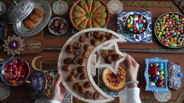 Muslim Family Having Dinner At Home, Ramadan Iftar Table,  Iftar Table Turkish Traditional Food, Ramadan Background, Eid Mubarak Concept Video, Uskudar Istanbul, Turkiye (Turkey) 
