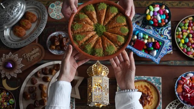 Muslim Family Having Dinner At Home, Ramadan Iftar Table,  Iftar Table Turkish Traditional Food, Ramadan Background, Eid Mubarak Concept Video, Uskudar Istanbul, Turkiye (Turkey) 