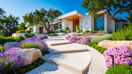 Modern outdoor space featuring decomposed granite and solar path lights